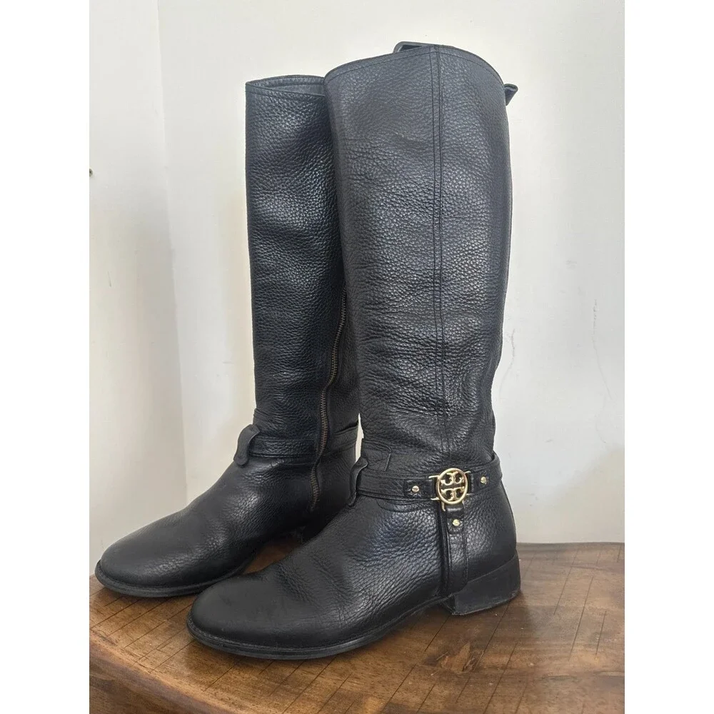 Tory Burch Women's Black Leather Knee High Riding Boots Gold Logo Size 8.5 M